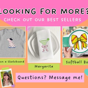 以下が含まれることがあります： LOOKING FOR MORE? CHECK OUT OUR BEST SELLERSというテキストが入ったプロモーション画像。スケートボードに乗った犬が描かれたグレーのベビー用ボディスーツ、マルガリータのイラストが描かれた白いナプキン、刺繍枠に入った黄色いソフトボールのボウが並んでいます。