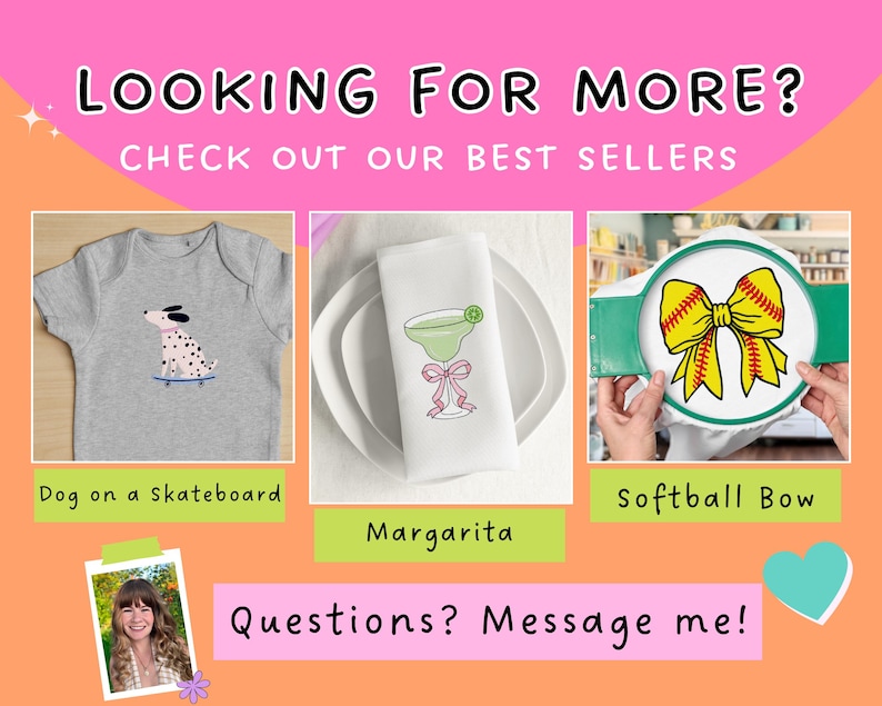 以下が含まれることがあります： LOOKING FOR MORE? CHECK OUT OUR BEST SELLERSというテキストが入ったプロモーション画像。スケートボードに乗った犬が描かれたグレーのベビー用ボディスーツ、マルガリータのイラストが描かれた白いナプキン、刺繍枠に入った黄色いソフトボールのボウが並んでいます。