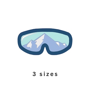 May include: Embroidered patch of ski goggles with a mountain scene inside the lenses. The goggles are outlined in dark blue, with a light blue and white mountain range visible. Text below reads "3 sizes."