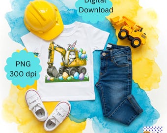 Easter Excavator PNG Cute Bunny Construction Truck Kids Easter TShirt Easter Tractor Happy Easter Eggs-Cavator Construction Easter Boy PNG