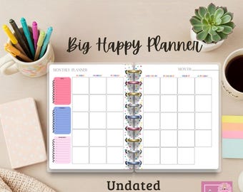 Recambio de Happy Planner sin fecha, mes, domingo, lunes, inicio, 2 páginas, imprimible, tamaño carta, calendario mensual, clásico, grande, insertos Happy Planner, negrita