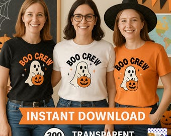 Halloween Cute Boo Crew PNG SVG Retro Ghost with Pumpkin Clipart Spooky Season Sublimation Design Crafts Unisex Fall Aesthetic Shirt