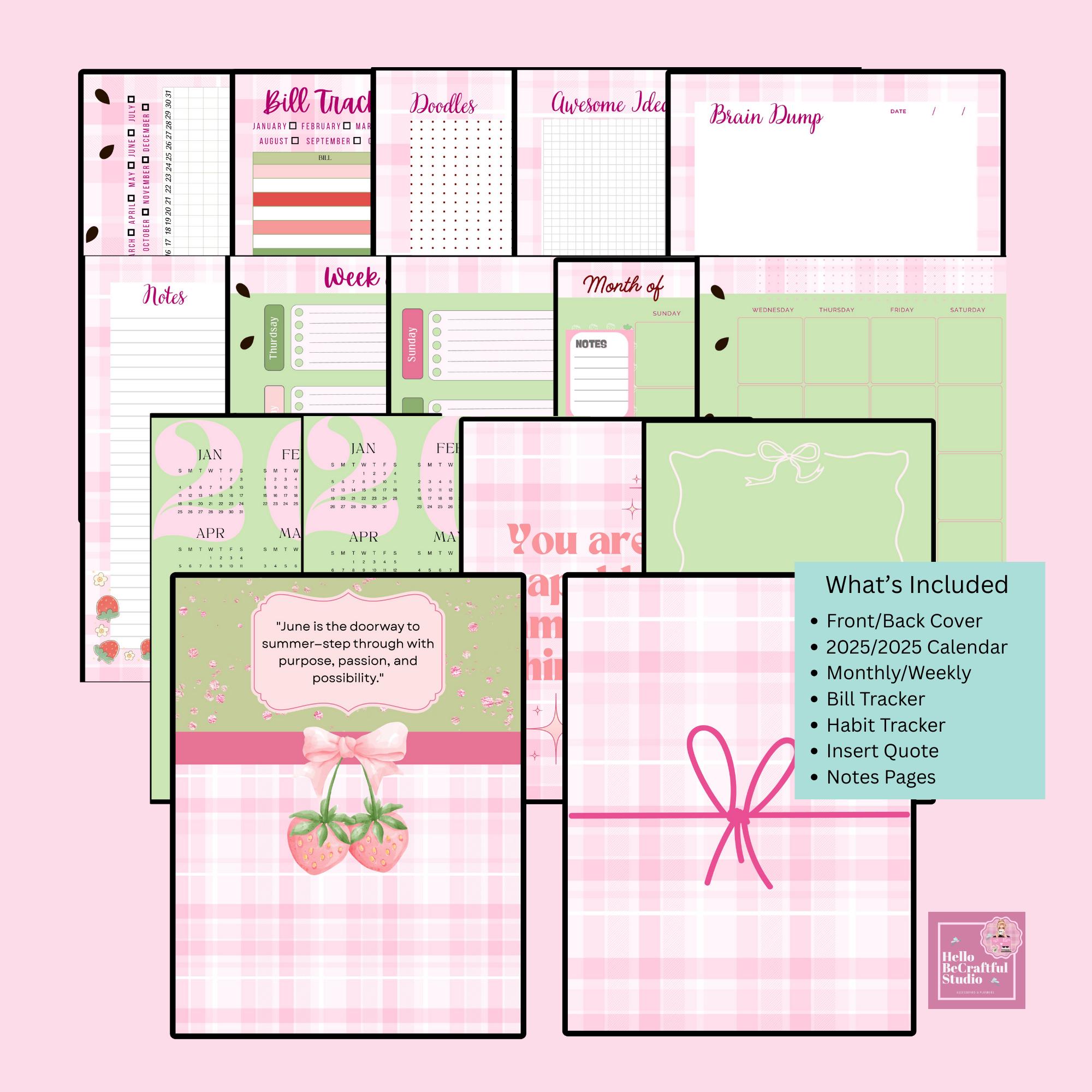 Coquette Aesthetic Pink Planner Bundle PDF Strawberry Theme Bow Minimal ...