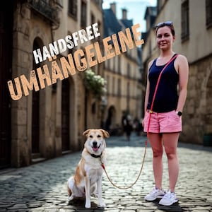 Pode incluir: Uma trela para cão mãos-livres vermelha usada a tiracolo, ligada a um cão bege e branco sentado numa rua de calçada. O texto HANDSFREE UMHANGELEINE está sobreposto no canto superior esquerdo da imagem numa fonte laranja desgastada.