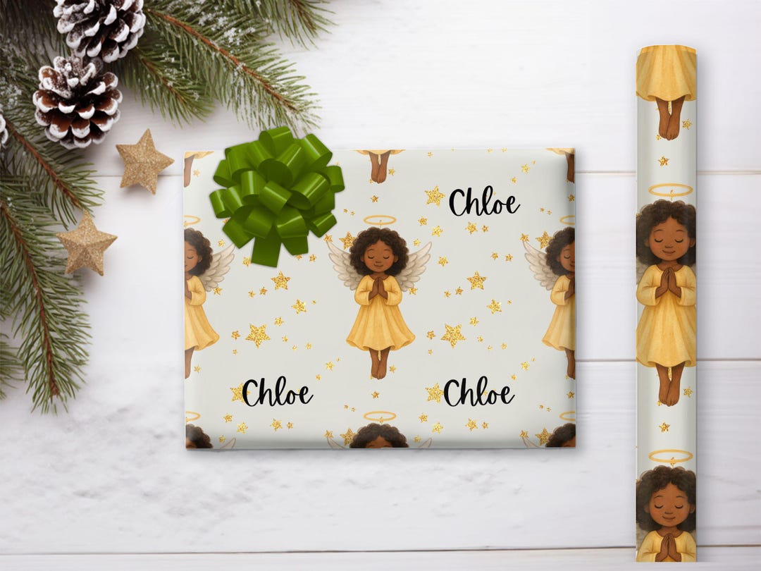 Custom African American Angel Wrapping Paper: Watercolor Christmas ...