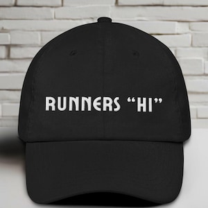 Embroidered Runner&#39;s &quot;Hi&quot; (Pun) Hat, Running Team Cap, Marathon Runners Gift, Minimalist Runner Hat, Long Run Cap, Summer Run Club Accessory