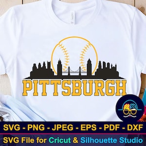 May include: White t-shirt featuring a black and yellow Pittsburgh skyline design with a baseball graphic. The word "PITTSBURGH" is in yellow block letters. The shirt is a SVG file for Cricut & Silhouette Studio.