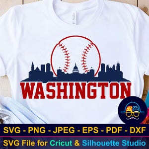May include: White t-shirt featuring a red baseball design with stitching and a silhouette of Washington D.C. buildings. The word "WASHINGTON" is printed in red block letters below the design. The shirt is a SVG file for Cricut & Silhouette Studio.