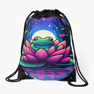 Puede incluir: Bolsa con cordón negra con una vibrante ilustración de una rana verde sobre una flor de loto rosa, ambientada en un estanque y un bosque iluminados por la luna. El diseño incluye estrellas y reflejos, creando una estética caprichosa con temática de la naturaleza.