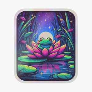 sticker holographique Grenouille sur nénuphar en fleur
