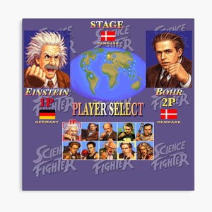 Peut inclure: Impression sur toile violette représentant un écran de jeu vidéo avec le texte "PLAYER SELECT". Il présente des portraits de scientifiques, dont Einstein et Bohr, avec les drapeaux de l'Allemagne et du Danemark. Les mots "SCIENCE FIGHTER" sont également visibles.