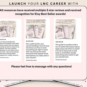 May include: A pink graphic with text promoting resources for a legal nurse career. The image includes text that says "LAUNCH YOUR LNC CAREER WITH" and "All resources have received multiple 5 star reviews and received recognition for Etsy Best Seller awards!"