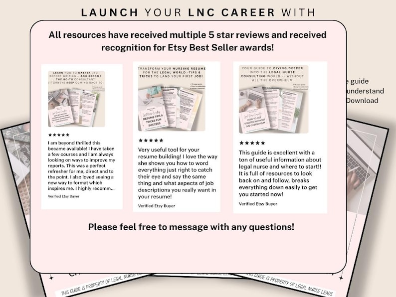 May include: A pink graphic with text promoting resources for a legal nurse career. The image includes text that says "LAUNCH YOUR LNC CAREER WITH" and "All resources have received multiple 5 star reviews and received recognition for Etsy Best Seller awards!"