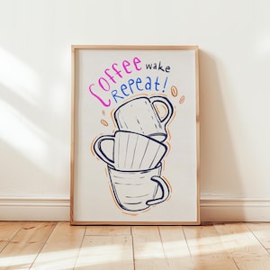 Coffee Wake Repeat Print, Kolorowy wydruk kawy, Sztuka ścienna w stylu retro, Wydruki ścienne do kuchni, Estetyczny wystrój, Galeria ścienna, Inspiracje domowe