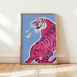 Arte de pared imprimible de tigre, lindo arte maximalista de tigre, póster rosa de animal de dopamina, decoración de pared con impresión colorida y moderna para dormitorio, descarga digital