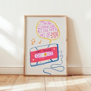 Retro Cassette Tape Love Song Print, Vintage Music Poster (Digital Download)