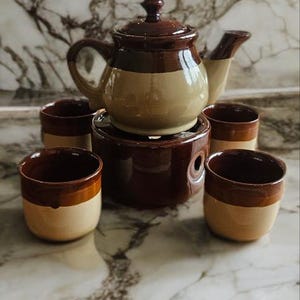 Vintage Japans-Scandinavische keramische theeset – theepot, kan, 4 kopjes en warmer