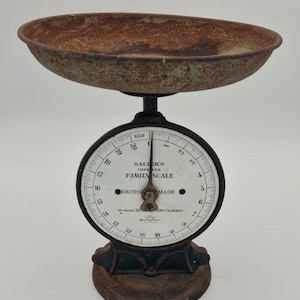 Könnte beinhalten: Eine antike Salter's Familienwaage mit einer rostbraunen Schüssel und einem schwarzen Sockel. Das Zifferblatt ist weiß mit schwarzen Zahlen und dem Text "SALTER'S IMPROVED FAMILY SCALE BRITISH MADE". Sie wiegt bis zu 9 Kilogramm.