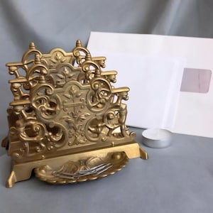 Antique Brass Letter Holder | Early 20th Century Desk Organizer | Ornate Mail Rack | 15 x 15 x 13 cm
