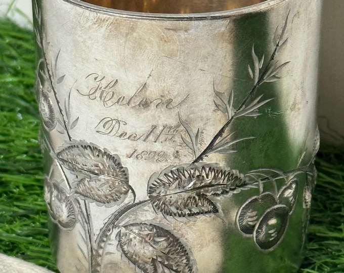 Engraved Helen Victorian Quadruple Plate Baby Cup:  Embossed Cherry Design, Engraved 1892