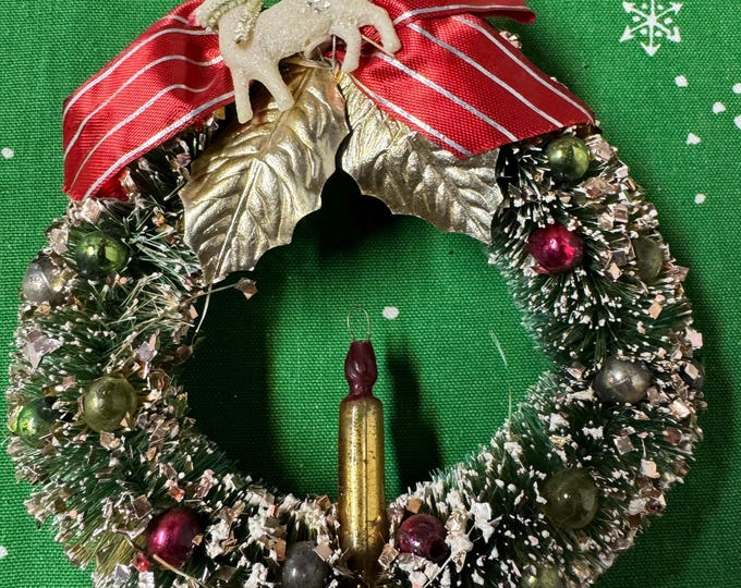 Vintage Green Bottle Brush Decorated Wreath: Mercury Candle, Reindeer, Beads, Leaves, Bow, 5”