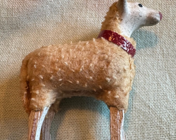 Vintage German Putz Sheep: Faintly Marked Germany, Red Ribbon Collar, 2 3/4 x 2 1/2