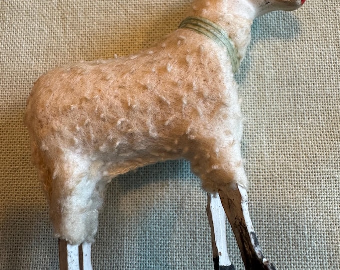 Vintage German Putz Sheep: Smiling Face, Missing Ear, Green Ribbon Collar