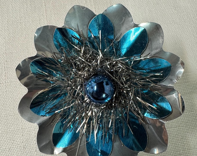 Handmade Vintage Silver & Aqua Christmas Reflector Clip: Mercury Glass Ornament, Tinsel, 3 1/4"