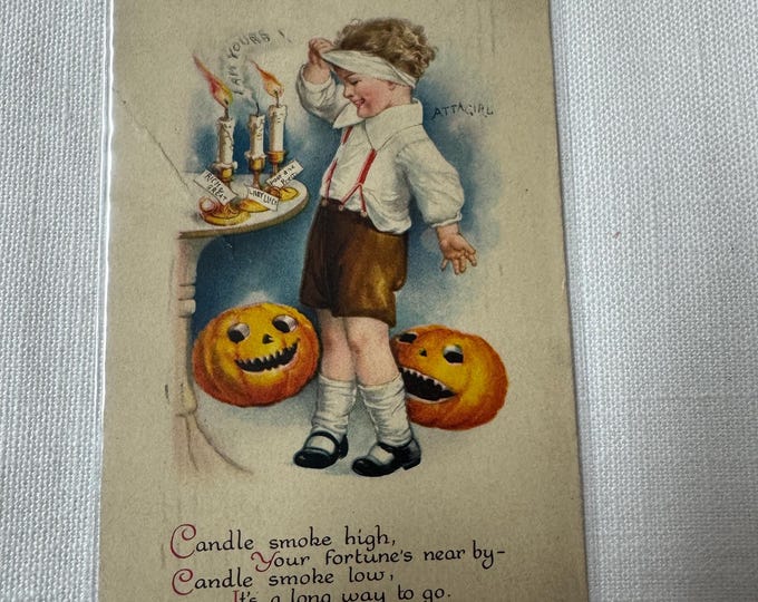 Vintage Ellen Clapsaddle Halloween Postcard: Girl with Pumpkin, Wolf Series
