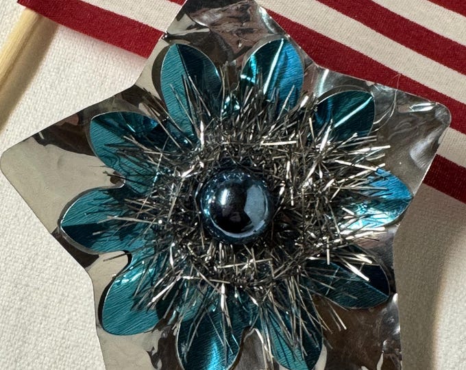 Handcrafted Vintage Silver & Aqua Christmas Star Reflector Clip: Mercury Glass Ornament, Tinsel, 4"