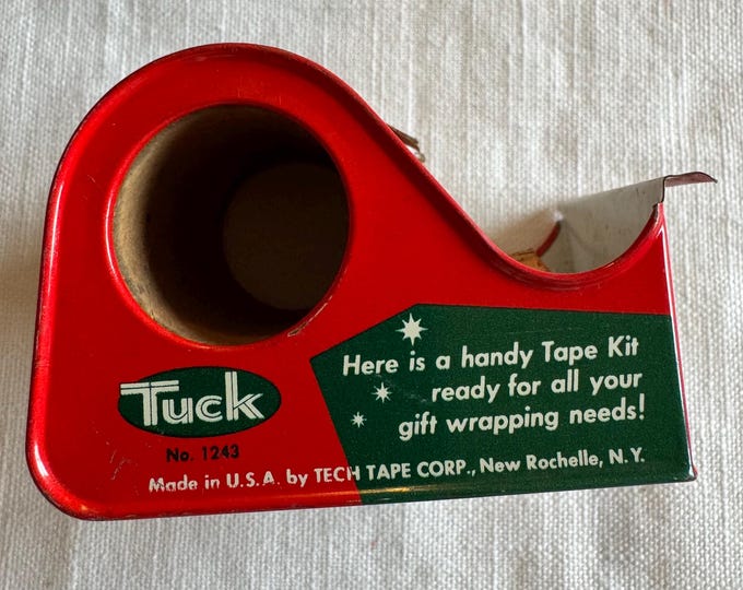 Vintage Tuck Christmas Gift Wrapping Tape Kit Metal Dispenser: 5 Rolls, 1950s, USA