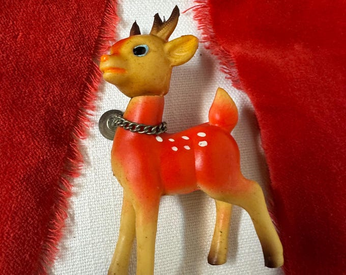 Vintage Red and Yellow Plastic Small Reindeer: Made in Japan label, 1950,