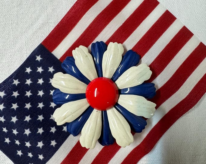 Vintage Enamel Metal Red White and Blue Flower Pin: 1960
