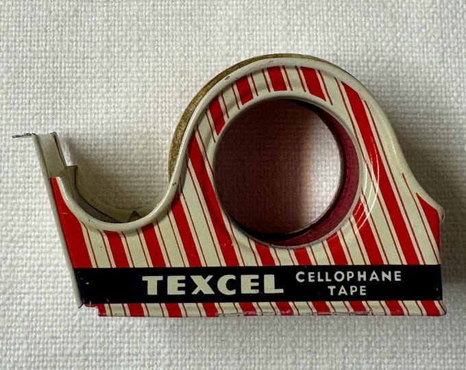 Vintage Texcel Candy Stripe Tape Dispenser with Greetings Tape: 1950s, USA