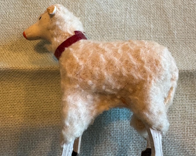 Vintage German Putz Sheep: Red Ribbon Collar, No Ear Tips, 2 1/4 x 2 1/4