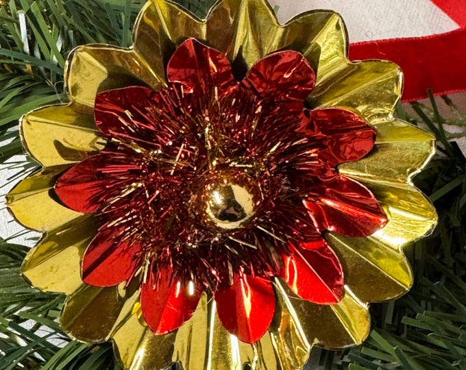 Handcrafted Vintage Gold & Red Christmas Reflector Clip: Mercury Glass Ornament, Tinsel, 3 1/4"