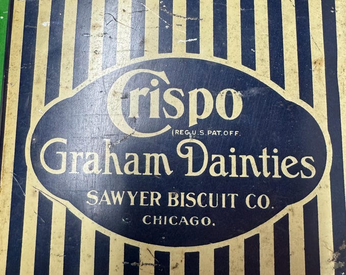 Vintage Crispo Blue and White Striped Graham Crackers Dainties Tin, Sawyer Biscuit Company, 1930