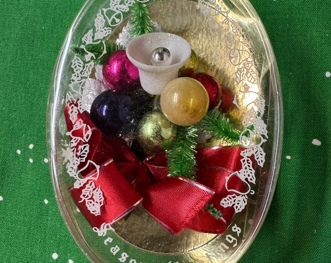 Vintage Multi-Color Balls Christmas Corsage in Original Box: Silver Leaves, Bell, Mercury Balls, Bottlebrush Sprigs, Red bow