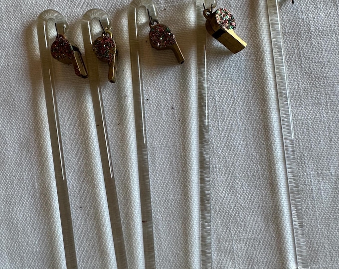 Vintage Clear Glass Candy Cane Swizzle Sticks with Gold Glitter Whistles, 1950
