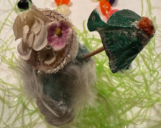 Vintage Googly Eyed Chenille Chick: Hat, Parasol, Made in Occupied Japan