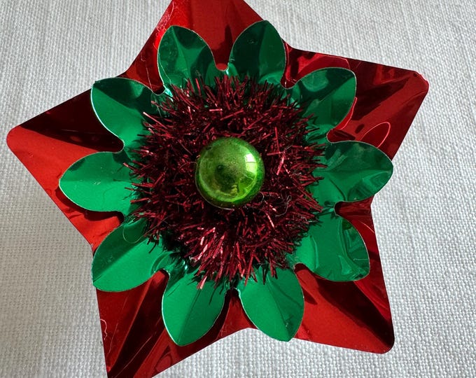 Handmade Vintage Green & Red Christmas Star Reflector Clip: Mercury Glass Ornament, Tinsel, 4"