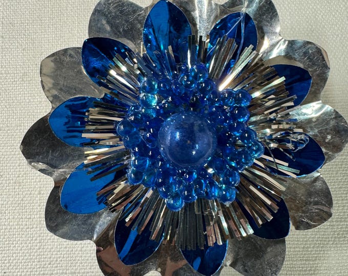 Handmade Vintage Silver & Blue Christmas Reflector Clip: Mercury Glass Ornament, Plastic Starburst, 3 1/4"