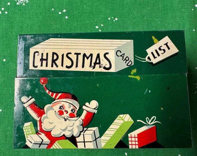 Vintage Mayfair Christmas Card List Box: 1954, Santa and His Presents, Well Used
