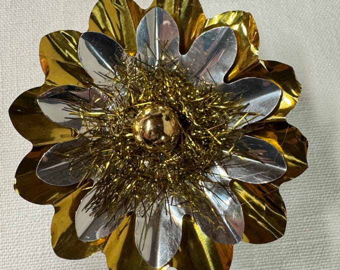 Handmade Vintage Gold & Silver Christmas Reflector Clip: Mercury Glass Ornament, Tinsel, 3 1/4"