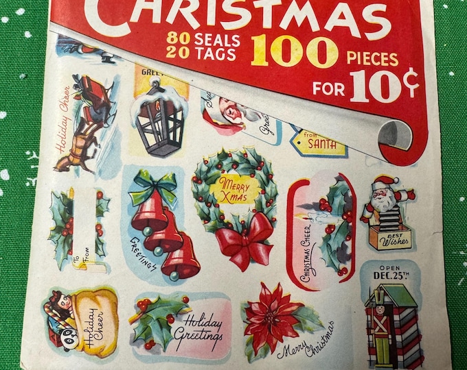 Vintage NOS 1944 Happee-Merree Christmas Labels: 100 pieces, Fred Frear, USA