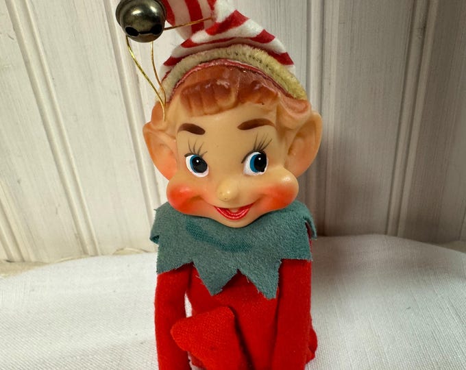 Vintage Christmas Elf Knee Hugger: Red Felt Outfit, Striped Hat