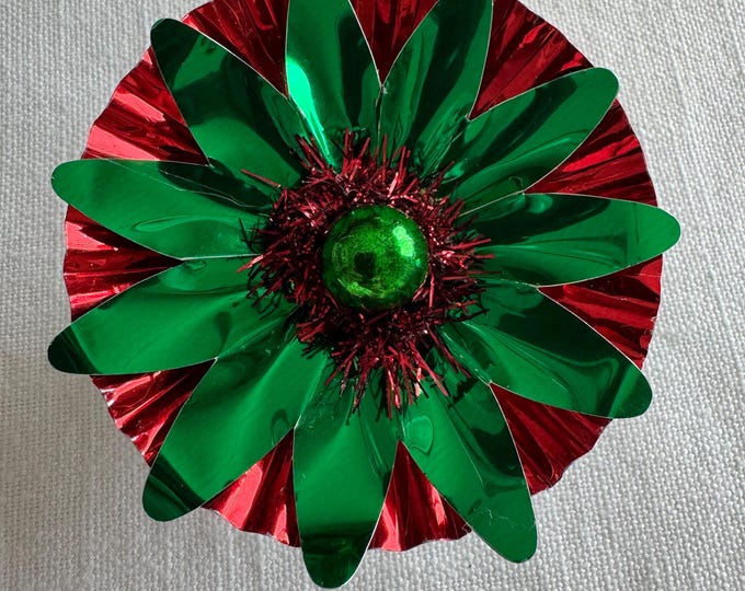 Handmade Vintage Green & Red Christmas Reflector Clip: Mercury Glass Ornament, Tinsel, 3 1/4"
