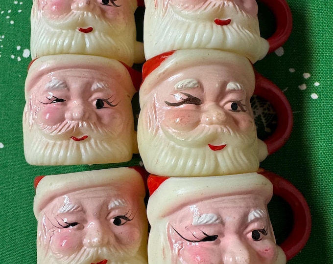 Vintage Set of 6 of Small Hard Plastic Santa Mugs: Made in Hong Kong