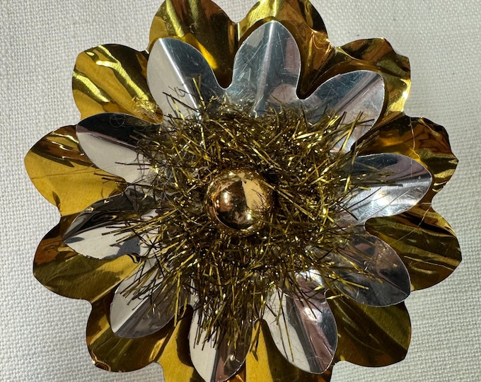 Handmade Vintage Gold & Silver Christmas Reflector Clip: Mercury Glass Ornament, Tinsel, 3 1/4"