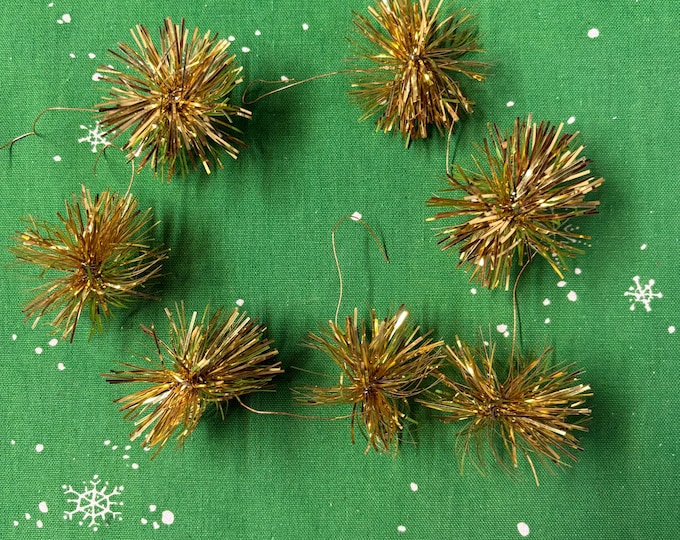 Vintage Set of 7 Gold Tinsel Christmas Pom Poms: 2”, No label, probably West German